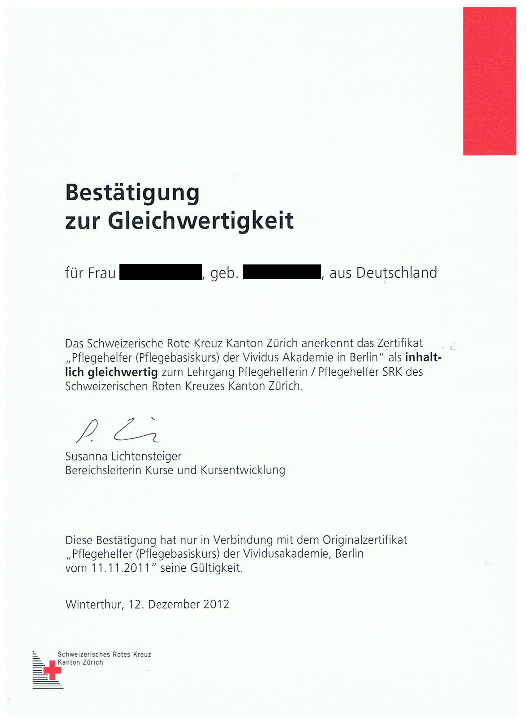 Zertifikat Pflegehelfer (Pflegebasiskurs) der Vividus Akademie in Berlin